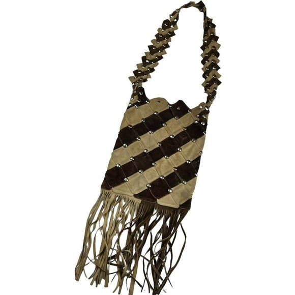 Vintage Tan Shoulder Bag Leather Boho Gypsy Festival Fringe Studded Handbag - Picture 11 of 12